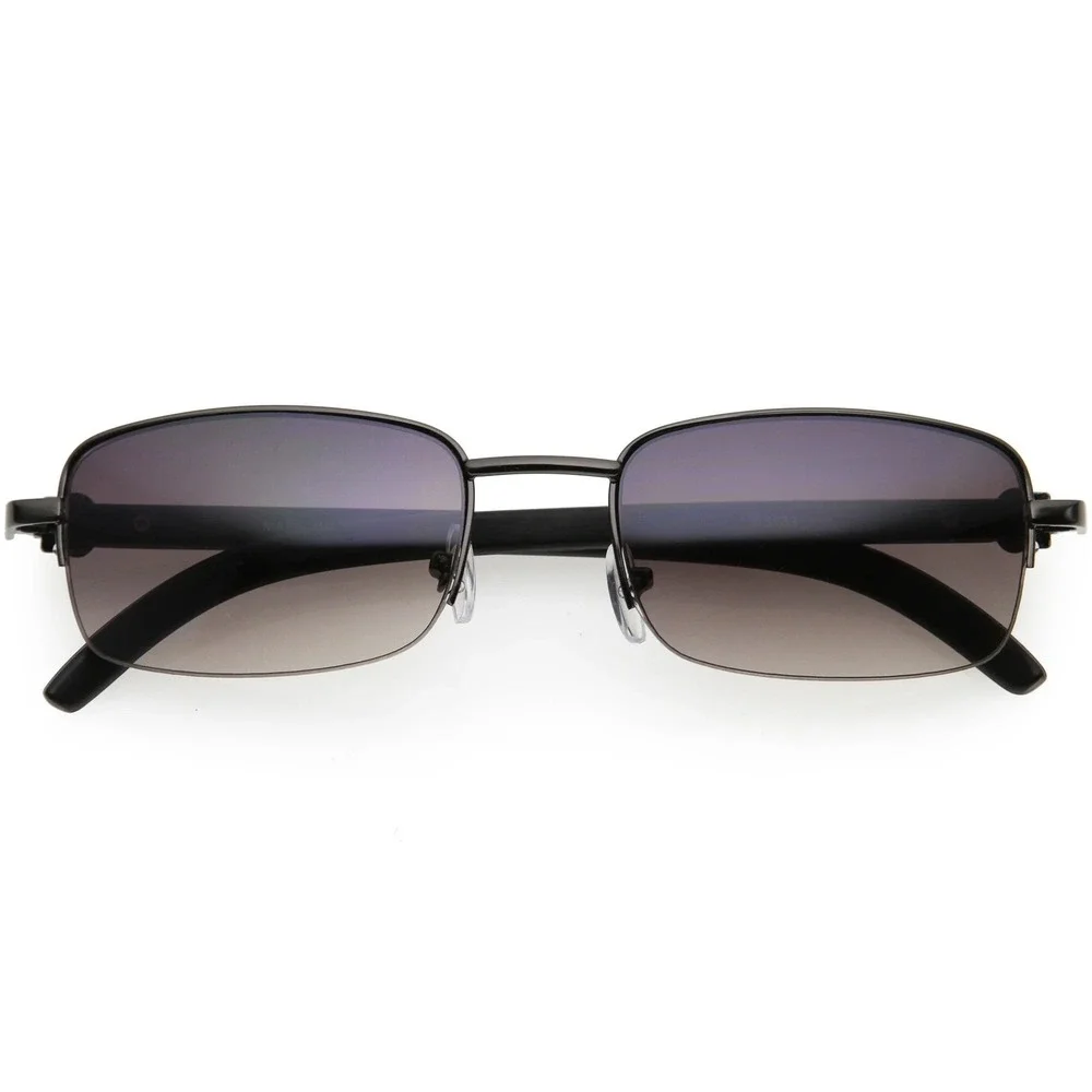 Mens Gunmetal Rectangular Semi Rimless Sunglasses Grey Gradient Lens Hip Hop New